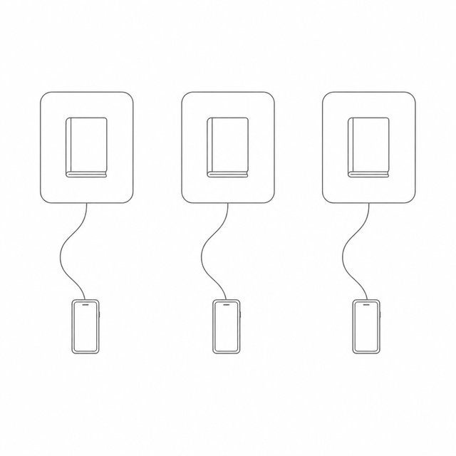 Three sealed enclosures, each holding one business's ledger, each reached by its own phone, with no path between them