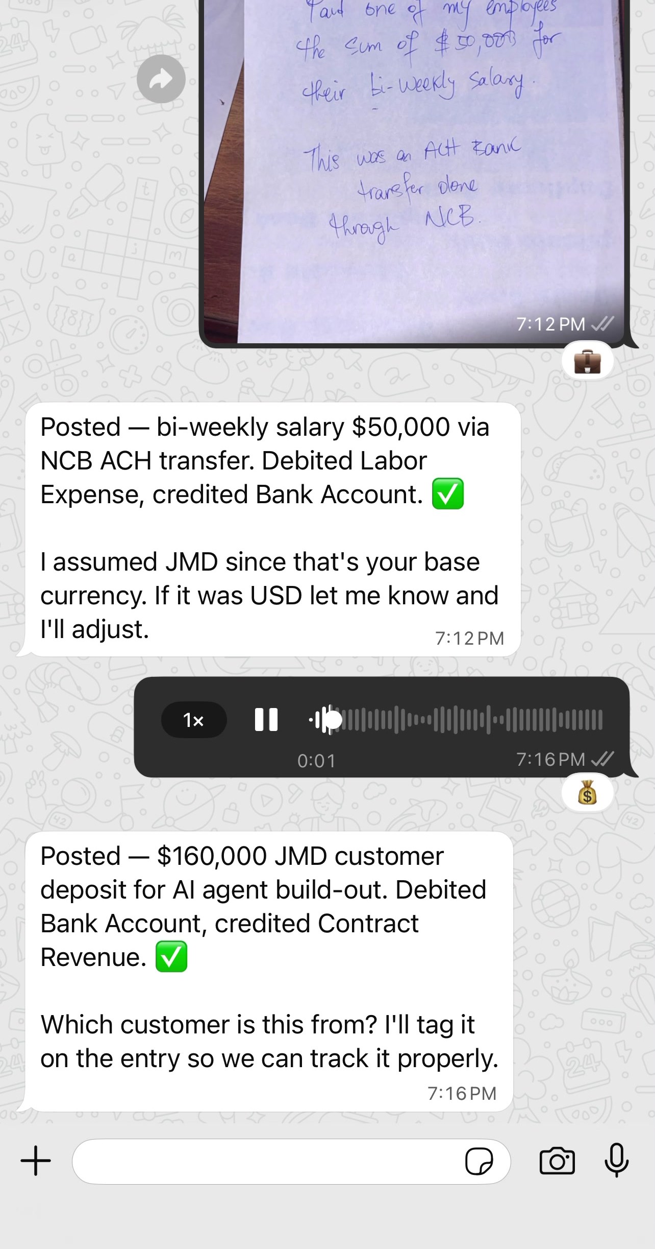Voice note transaction posted via WhatsApp