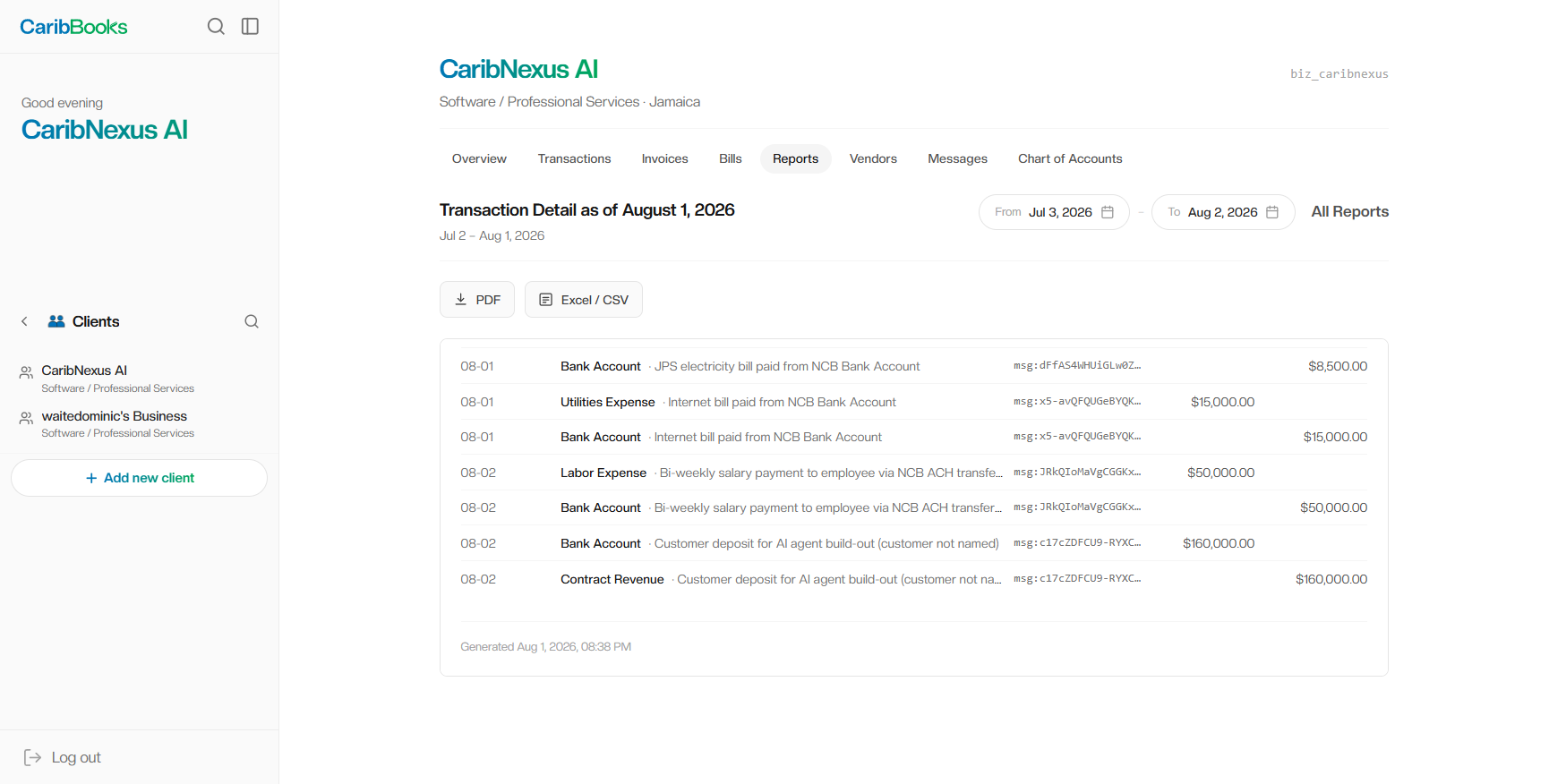 CaribBooks dashboard — Transaction Detail report